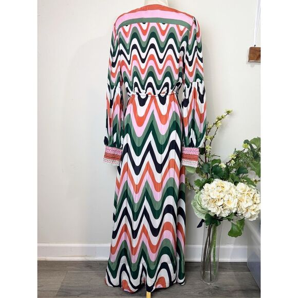 FARM Rio * Wave Gradient Maxi Dress Long Sleeve Drawstring Waist Multicolor Larg - Picture 10 of 16